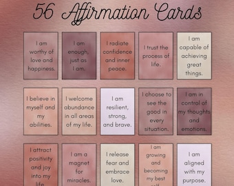 56 tarjetas de afirmaciones diarias con tonos neutros cálidos para imprimir. Citas positivas de amor propio para la atención plena, la motivación y la salud mental. Descarga instantánea.