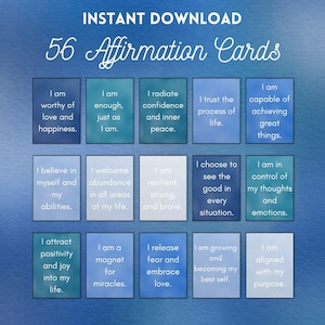 56 carte di affermazioni quotidiane blu stampabili - Citazioni positive sull'amor proprio per la consapevolezza, la motivazione e la salute mentale / Download immediato
