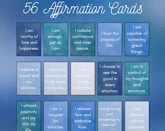 56 Tarjetas Azules de Afirmaciones Diarias Imprimibles: Frases Positivas de Amor Propio para la Conciencia Plena, la Motivación y la Salud Mental / Descarga Instantánea