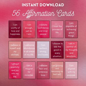 56 carte rosa con affermazioni quotidiane stampabili - Citazioni positive sull'amor proprio per la consapevolezza, la motivazione e la salute mentale / Download immediato