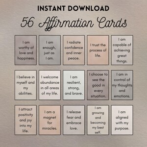 56 carte di affermazioni quotidiane con mix neutro stampabili - Citazioni positive sull'amor proprio per la consapevolezza, la motivazione e la salute mentale / Download immediato