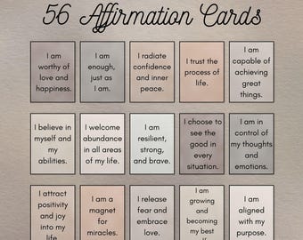 56 Tarjetas de Afirmaciones Diarias Imprimibles con Mezcla Neutral: Frases Positivas de Amor Propio para la Conciencia Plena, la Motivación y la Salud Mental / Descarga Instantánea