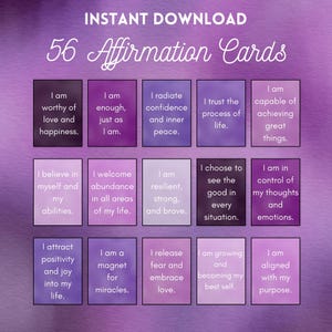 56 carte di affermazioni quotidiane viola stampabili - Citazioni positive sull'amor proprio per la consapevolezza, la motivazione e la salute mentale / Download immediato
