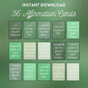 56 carte di affermazioni quotidiane verdi stampabili - Citazioni positive sull'amor proprio per la consapevolezza, la motivazione e la salute mentale / Download immediato
