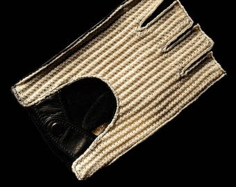 Men&#39;s Crochet Lambskin Leather Fingerless Driving Gloves