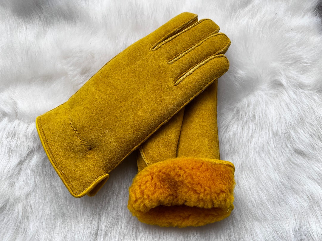 Shearling Suede Gloves Women Etsy