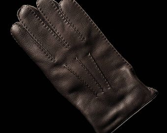 DEER SKIN Winter Leather Gloves with Cashmere Lining for Men&#39;s Dark Brown  Black