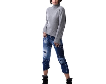 Turtle Neck Knitted Sweater - Gray