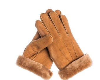 Men&#39;s Winter Leather Gloves Shearling Leather Camel Color
