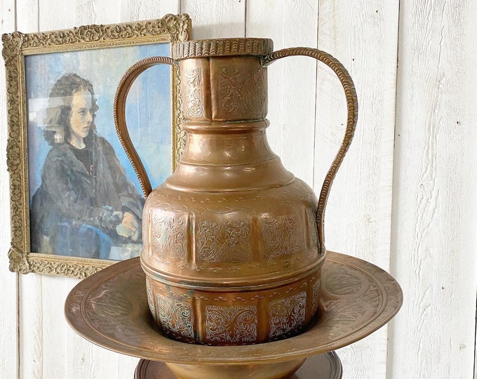 Large Copper and Brass Jug and Bowl Set