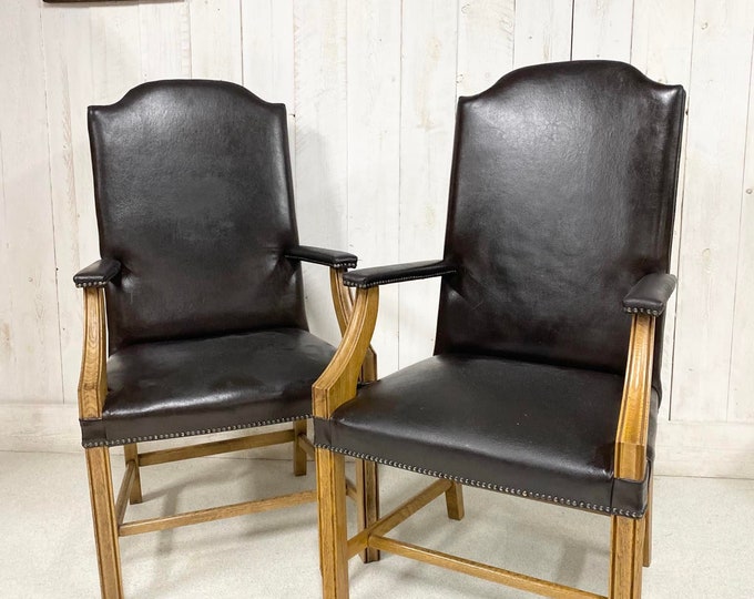 Vintage Pair of Oak and Leather Library Chairs