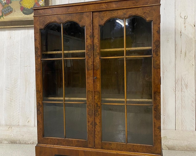Antique Burr Walnut Glazed Bookcase Drinks Cabinet