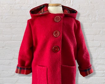 Red Wool Pixie coat, Limited edition design, 100% British wool, wool tartan lining, child sizes 1-8 years made to order