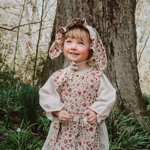 Linen dress and liberty print pinny set with bunny ears bonnet size 2-3 years. Exclusive outfit using new liberty offcuts one only image 1