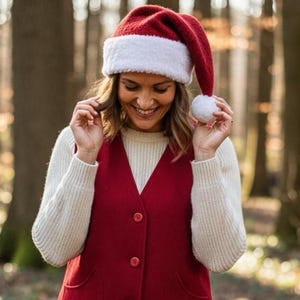 May include: A red Santa hat with a white plush brim and a white pom-pom at the tip, worn with a cream-colored ribbed long-sleeve sweater underneath a sleeveless red button-down vest featuring three matching red buttons and two front pockets.