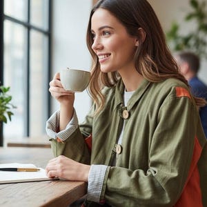 May include: A woman seated at a wooden table in a cafe, holding a cup of coffee. She wears an olive green jacket with orange accents and large wooden buttons. A notebook and pen are on the table. A small potted plant sits near a large window.