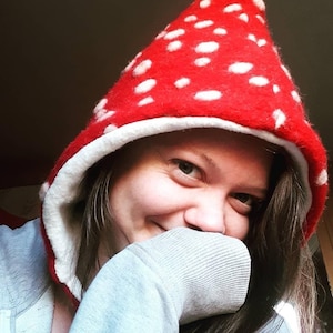 Mushroom hat in red wool, lovely for winter walks Red Pixie hat, cotton fleece lining, Adult size, Baby child sizes on different listing