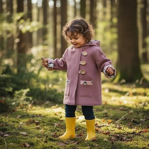 Peut inclure: Un manteau à capuche rose poudré avec des boutons à bascule en bois, deux poches avant et des poignets à motifs représentant des pingouins. Le manteau est porté avec un legging sombre et des bottes de pluie en caoutchouc jaune vif.