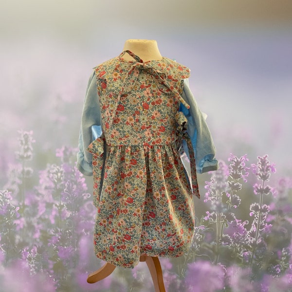 Linen dress and liberty print pinny set with Liberty petal collar size 2-3 years. Exclusive outfit using new linen offcuts *ONE ONLY 2-3YRS*