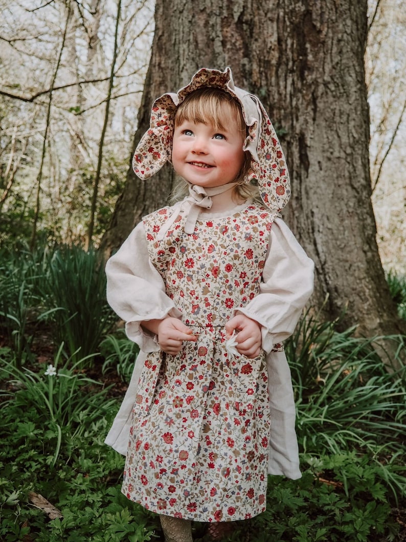 Linen dress and liberty print pinny set with bunny ears bonnet size 2-3 years. Exclusive outfit using new liberty offcuts one only image 1