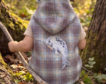 Kids British Wool Narwhal Waistcoat, Needle Felted Pixie Hood, Cotton Lined, Age 2–3.5 Years – Narwhal Wanderlings, Toddler Vest, Tweed Vest
