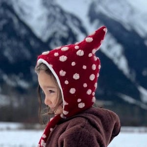Red Wool Mushroom Pixie Hood - Child’s Cozy Fleece Lined Hat now ready made ready to post! 1-3, 3-5 and 5-10 yrs