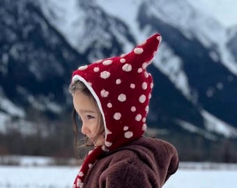 Kids Red Wool Mushroom Hat, Toadstool Pixie Bonnet for Forest School & Woodland Adventures, Warm Woollen Winter Hat