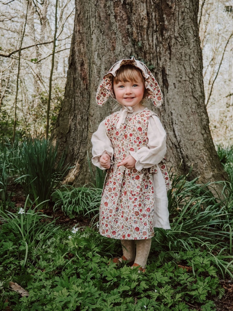 Linen dress and liberty print pinny set with bunny ears bonnet size 2-3 years. Exclusive outfit using new liberty offcuts one only image 6