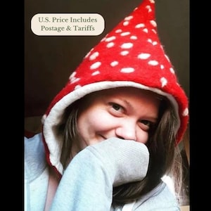 Red Wool Mushroom Pixie adults Hat Fleece Lined Toadstool Bonnet Autumn Winter Woodland Cottagecore Gift