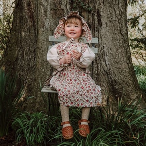 Linen dress and liberty print pinny set with bunny ears bonnet size 2-3 years. Exclusive outfit using new liberty offcuts one only image 5