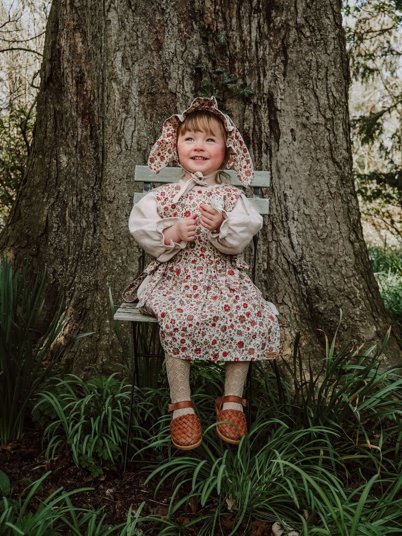 Linen dress and liberty print pinny set with bunny ears bonnet size 2-3 years. Exclusive outfit using new liberty offcuts one only image 5