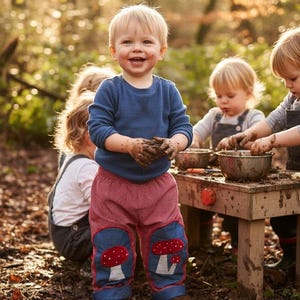 Woodland Mushroom Grow With Me Kids Pants 6m–2.5 Years Cotton Unisex Elastic Waist Woodland Clothing