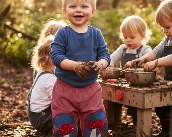 Reversible Toddler Trousers Mushroom Appliqué Grow With Me Kids Pants 6m–2.5 Years Cotton Unisex Elastic Waist Woodland Clothing
