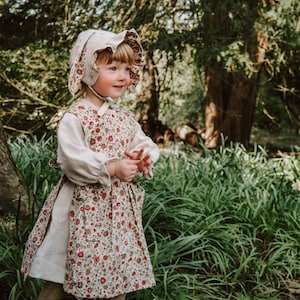 Linen dress and liberty print pinny set with bunny ears bonnet size 2-3 years. Exclusive outfit using new liberty offcuts one only image 2