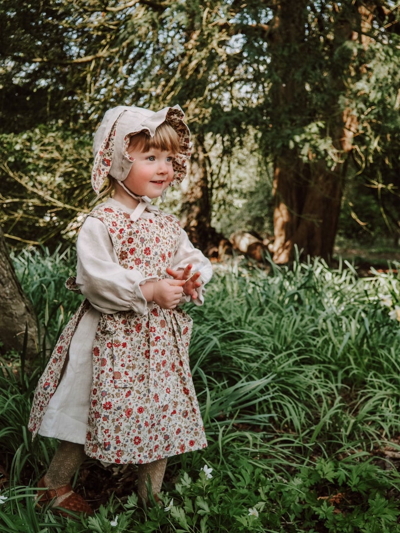 Linen dress and liberty print pinny set with bunny ears bonnet size 2-3 years. Exclusive outfit using new liberty offcuts one only image 2