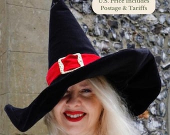 Black Velvet Witch Hat for Adults, Poseable Pointed Cotton Velvet Hat for Halloween, Gothic Fantasy, Festivals & Witch Costumes
