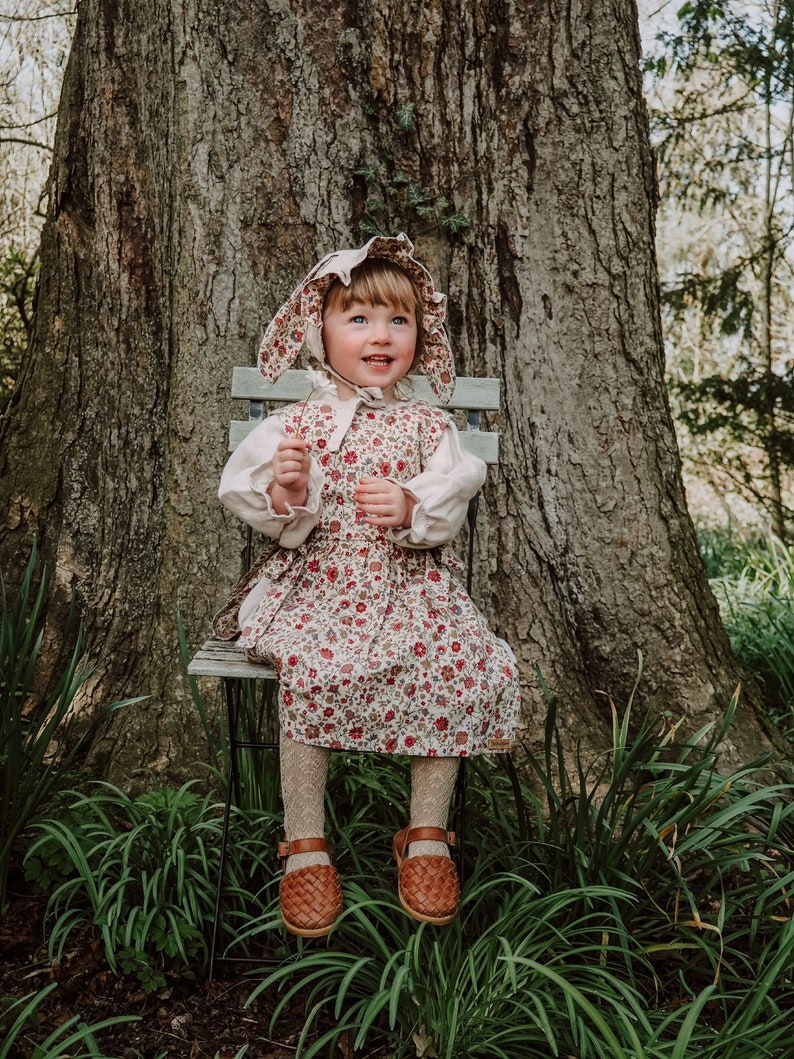 Linen dress and liberty print pinny set with bunny ears bonnet size 2-3 years. Exclusive outfit using new liberty offcuts one only image 7