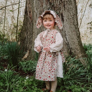 Linen dress and liberty print pinny set with bunny ears bonnet size 2-3 years. Exclusive outfit using new liberty offcuts one only image 4