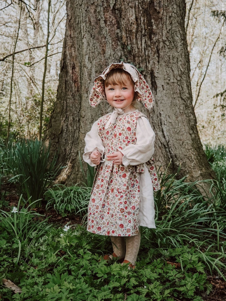 Linen dress and liberty print pinny set with bunny ears bonnet size 2-3 years. Exclusive outfit using new liberty offcuts one only image 4