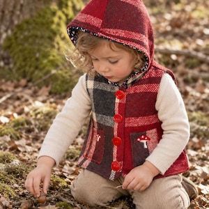 May include: A hooded vest featuring a red and black plaid pattern with four bright red buttons down the front. The vest includes two front pockets, each embroidered with a small white and red mushroom design, and a dark patterned inner lining.