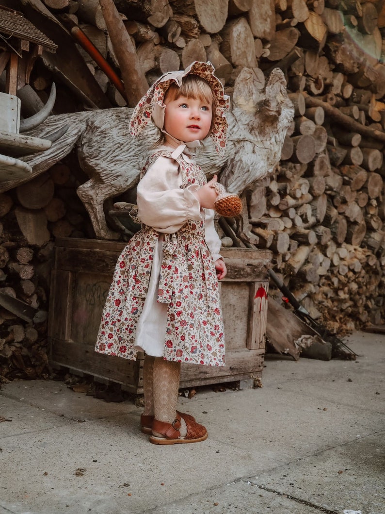 Linen dress and liberty print pinny set with bunny ears bonnet size 2-3 years. Exclusive outfit using new liberty offcuts one only image 3