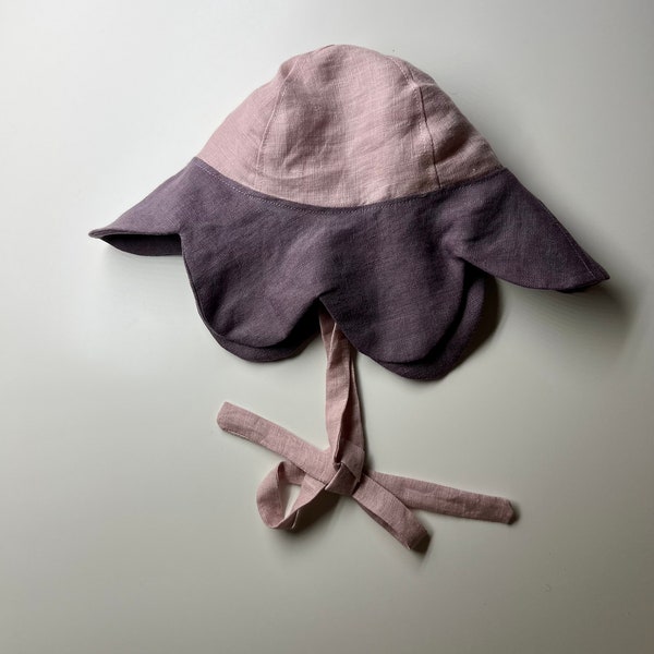 Linen flower bonnet in pink and purple linen 0-8yrs, linen sunhat in pink and purple linen, gift for girls and babies petal shape bonnet