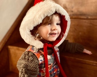 Santa Hat, Christmas Pixie Hat, red cotton velvet with luxurious white faux fur deep trim cotton flannel lining in child sizes 3m - adult