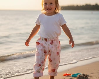 Repurposed Strawberry Trousers: Reversible Cotton Baby Pants, Cottagecore Childrenswear
