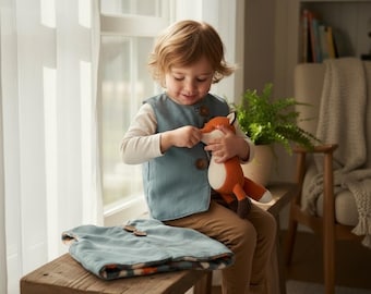 Linen Toddler Waistcoat Fox Lined Vest Soft Fleece Kids Size 2 3 Years 3 4 Years Children Clothing