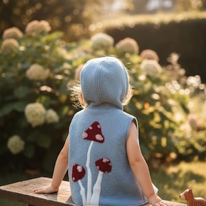 Mushroom Wool Vest Kids 1-2.5 Years Felted Pixie Hood Handmade Woodland