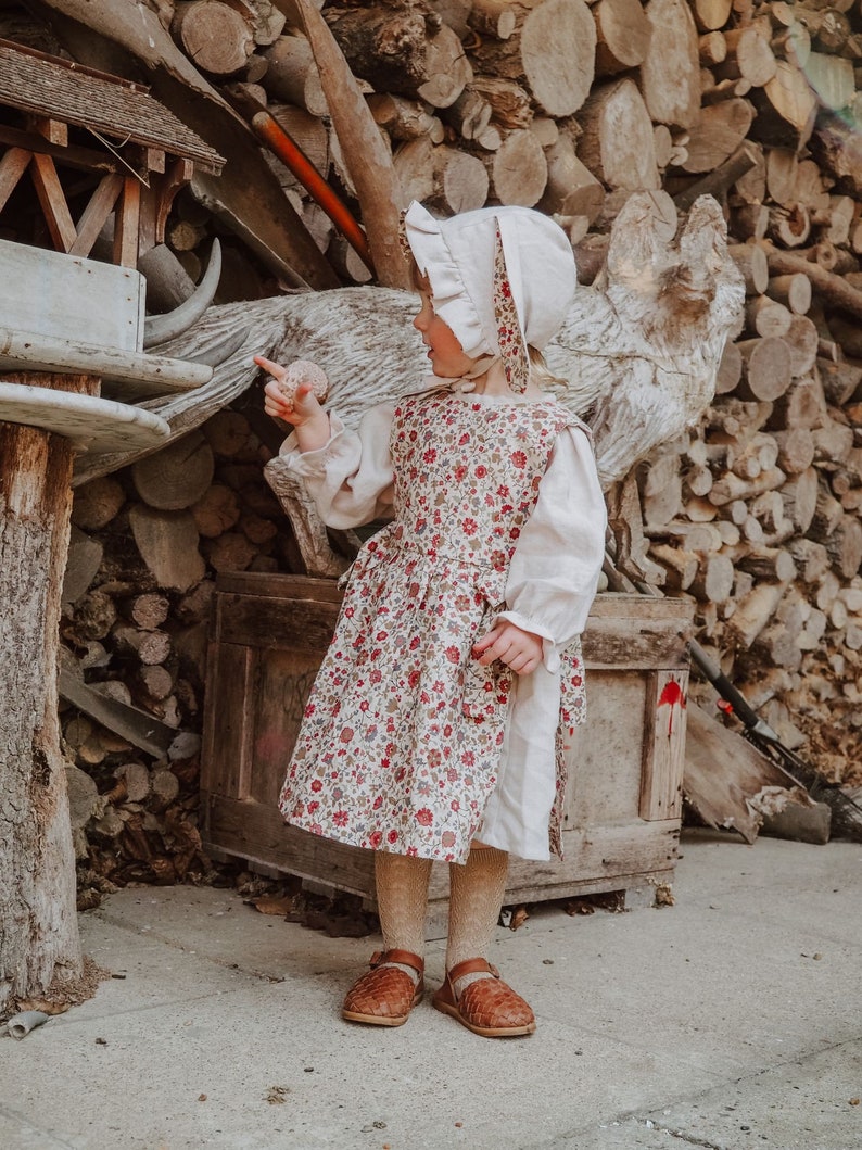 Linen dress and liberty print pinny set with bunny ears bonnet size 2-3 years. Exclusive outfit using new liberty offcuts one only image 8