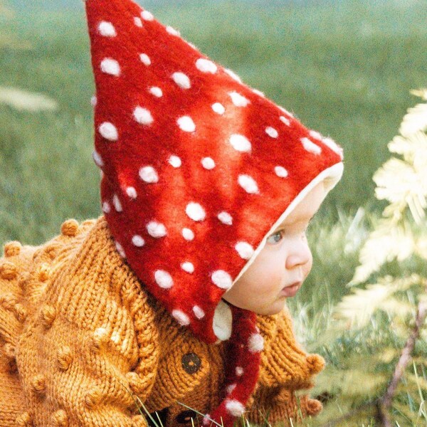 Mushroom hat, wool Pixie hat, toadstool hat, Red Pointy winter hat, whimsical mushroom, cotton fleece lining. Now in newborn to Adult sizes!