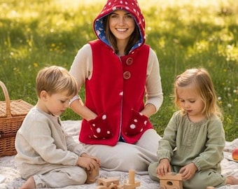Women’s Mushroom Wool Waistcoat Pixie Hood Red Wool Vest Gilet Cottagecore Clothing Natural Fibre UK