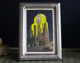 Slime Monster Hand-painted Thrift Art // Unique Spooky Embellished Antique Gallery Framed Artwork